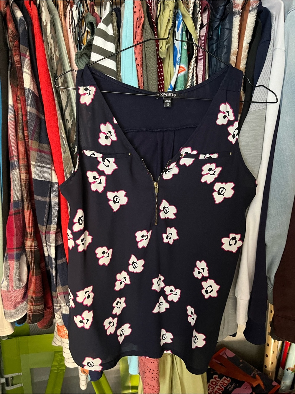 Express Navy Sleeveless Zip-Front Floral Camisole
